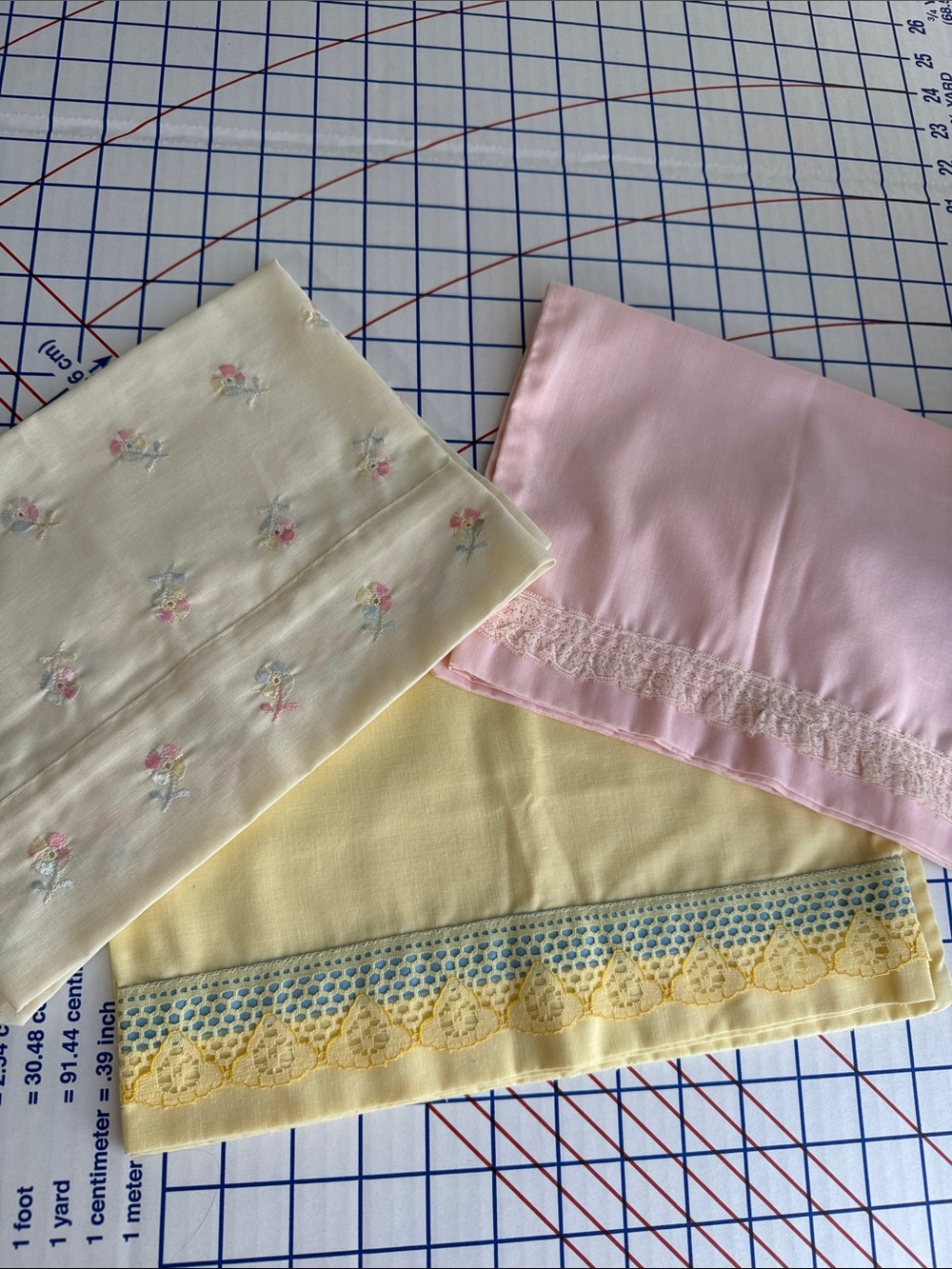 Lot 3 Vintage Pillowcases Embroidered Floral Pink Yellow Lace Cottage